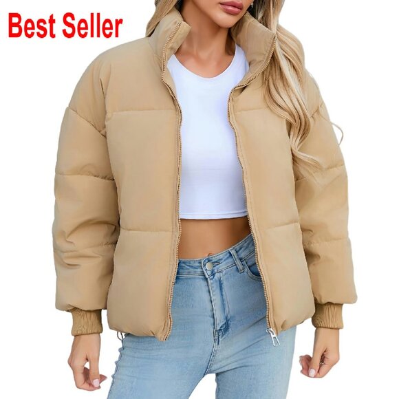 Cropped Quilted Puffer Jacket Oversized Chic Minimal Winter Warm Stand Collar